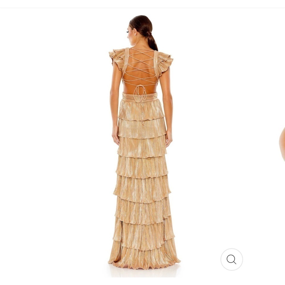 Mac Duggal Gold Ruffle Maxi Dress Size 8 Metallic Pleated Slit Gown NWT - Picture 2 of 11